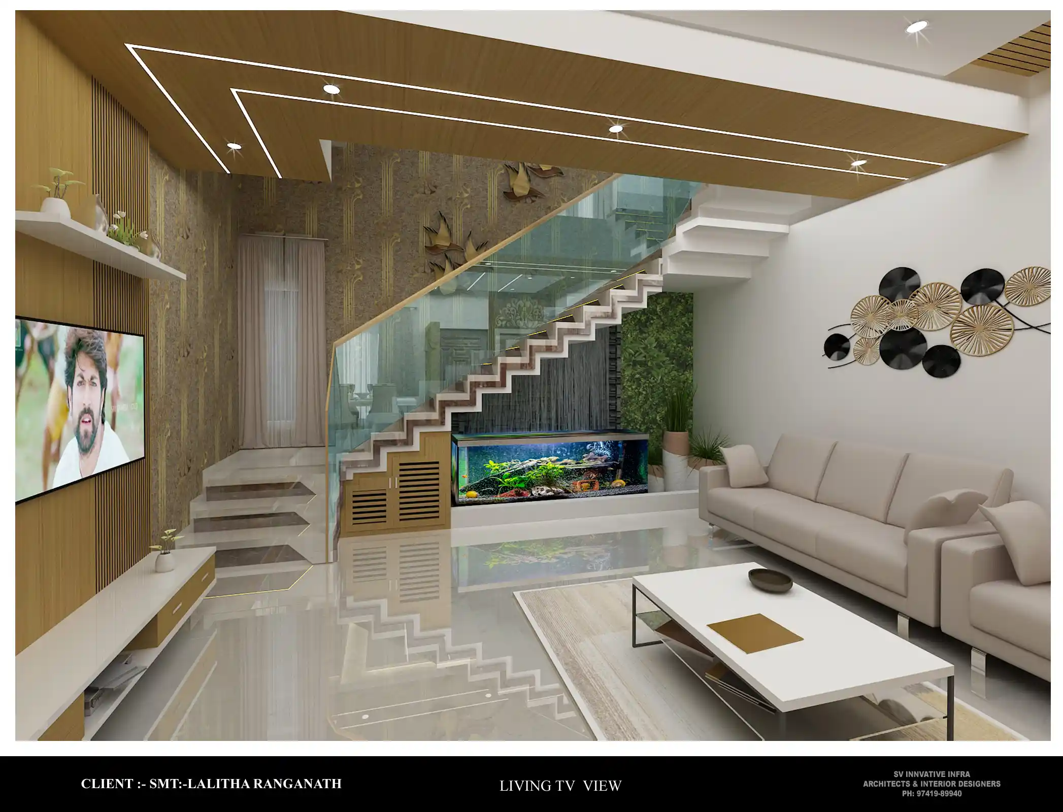 Contemporary living room and staircase interior design in HMT Layout Bengaluru - View 2