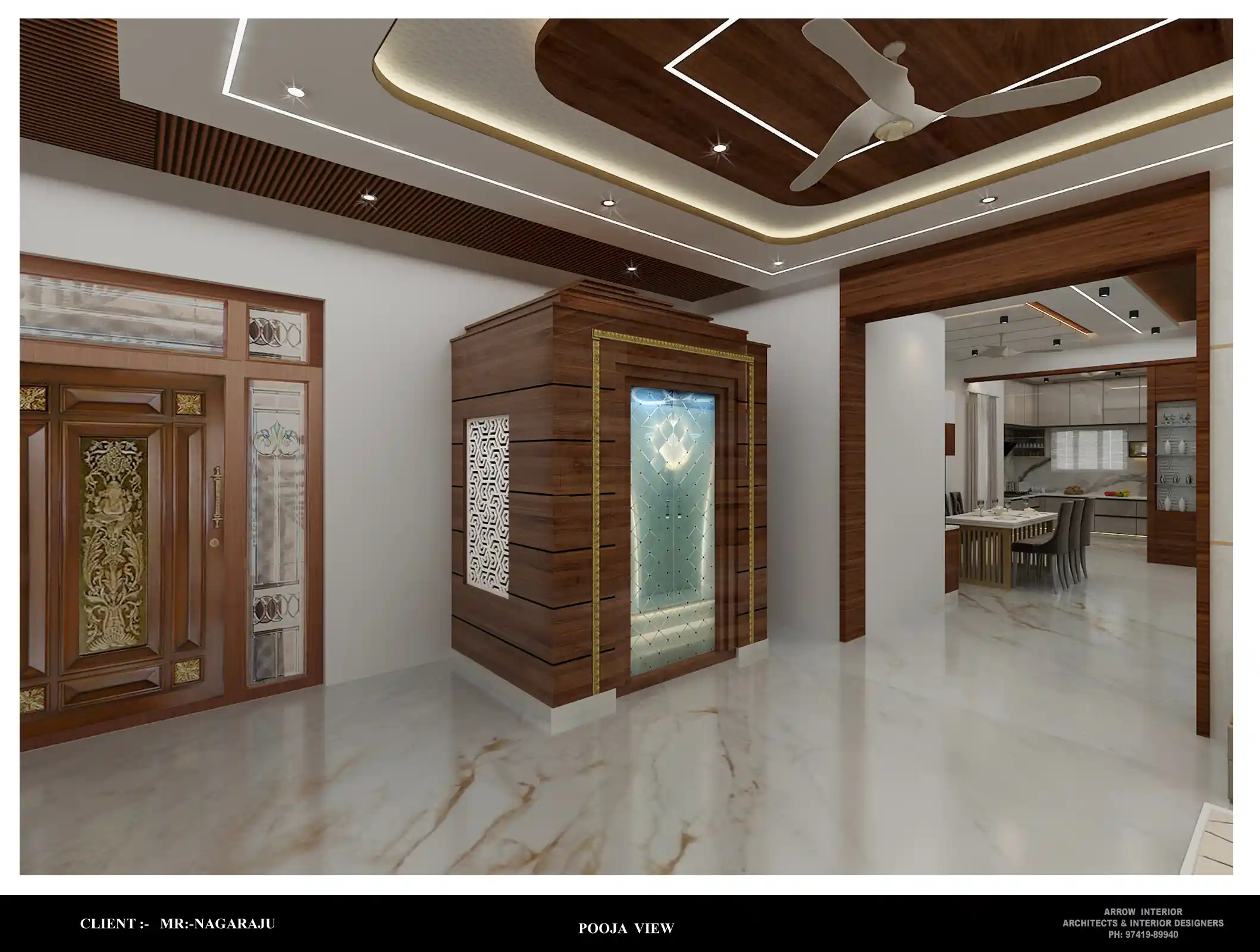 Custom home temple mandir interior design in Bengaluru with teak wood and backlit CNC jali - View 3