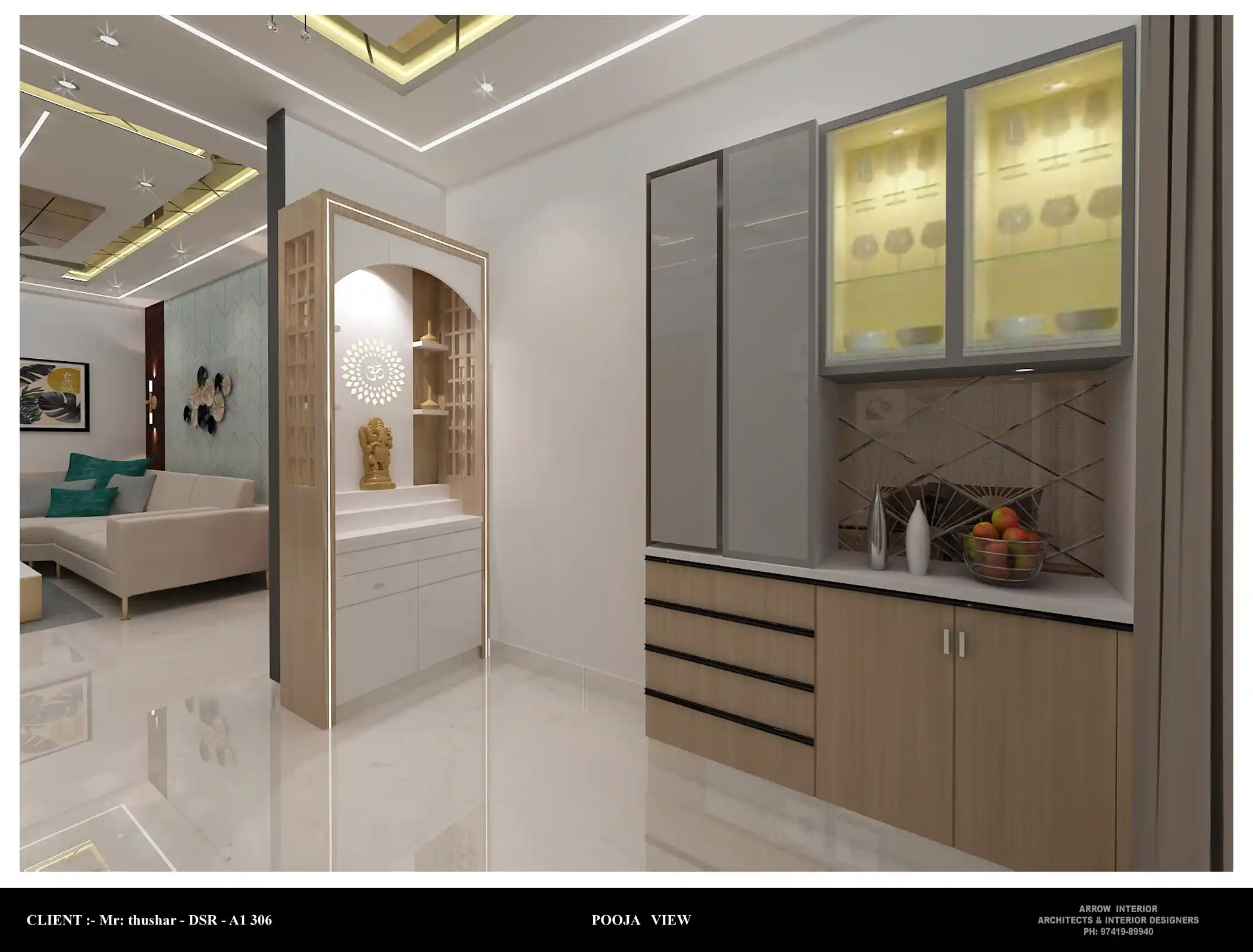 Custom home temple mandir interior design in Bengaluru with teak wood and backlit CNC jali - View 4